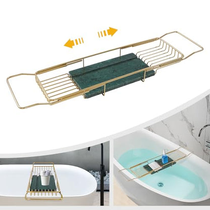 Bathtub Tray Caddy for Luxury Bath, 26.8-35.4in Expandable Bathtub Tray with Raised Guardrail and Deep Groove, 44.09 lbs Capacity, for Toiletries, Tablets, Kitchen Sink Fruits (Gold, Green) - color: Gold, Green