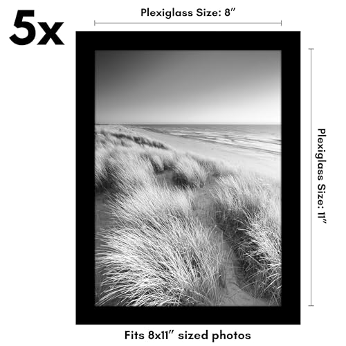 Americanflat 8x11 Picture Frame 5-Pack - Slim Molding - Black | Polished plexiglass front, wall or tabletop display with included easel, sawtooth hangers included, secure turn-tab backing - color: Black, size: 8.5x11
