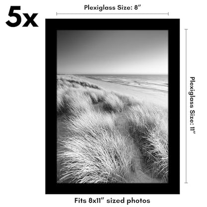Americanflat 8x11 Picture Frame 5-Pack - Slim Molding - Black | Polished plexiglass front, wall or tabletop display with included easel, sawtooth hangers included, secure turn-tab backing - color: Black, size: 8.5x11