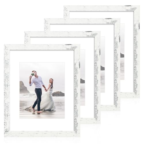 iRahmen 11x14 Picture Frame Set of 4 with Tempered Glass, Distressed White Frame Display 8x10 Picture with Mat or 11 x 14 Without Mat, Wood Rustic Photo Frames for Horizontal or Vertical Wall Mounting - color: Distressed White, size: 11X14