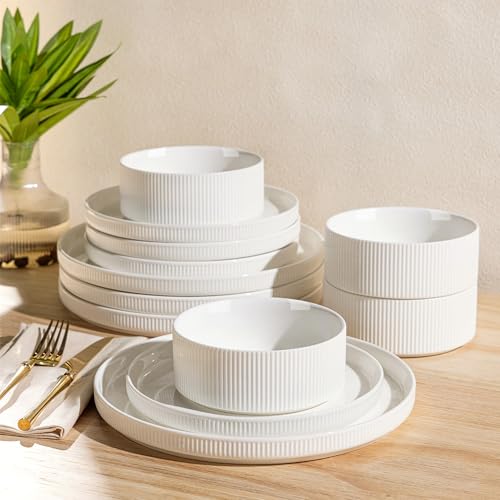 Ceramic Dinnerware Set for 4, 12-Piece Plates and Bowls Set | Lightweight Porcelain Dish Set, Scratch Resistant, Oven & Microwave & Dishwasher Safe, Bright White - color: Bright White, size: Set (12pcs)