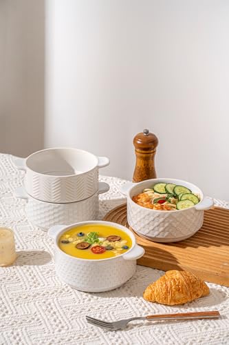 FOBENTA Soup Bowls with Handles, 20oz Embossed Ceramic Bowl Set of 4 – Oven & Microwave Safe, Ideal for Stew, Chili, Cereal – Textured Deep Bowls for Everyday Comfort - size: 20 OZ-Dual Handles