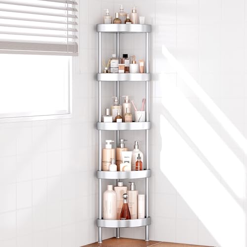 Nieifi 5 Tier Aluminum Corner Shower Caddy Standing-Rustproof-Silver | Anodized aluminum shower stands,for inside shower,height-adjustable legs,for uneven surfaces - color: Silver, size: 5-Tier