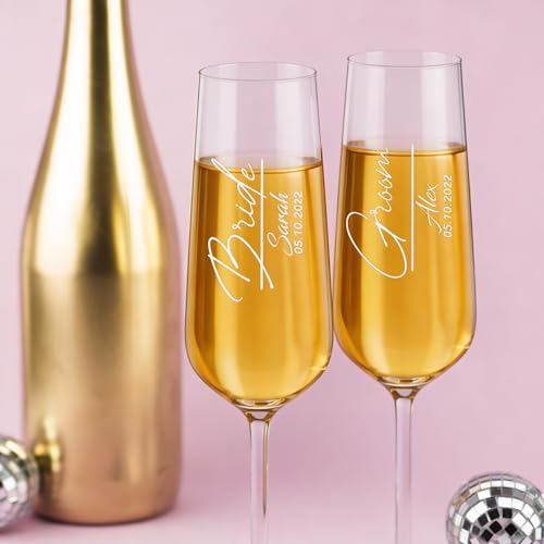 Personalized Champagne Flutes – Vertical Name Engraved Wedding Glasses, Custom Champagne Flute for Bride and Groom, Modern Wedding Toast Glasses - (Champagne Flutes-D2) - color: Champagne Flutes-D2