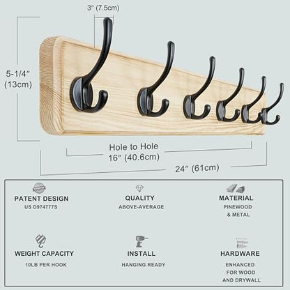 Coat Rack Wall: 24" Long, Patented, Heavy-Duty, 6-Double-Hooks Wooden Wall Mounted Coat Rack Coat Hanger Hook Rail for Winter Coats Hat Jacket Clothing, Light Brown - color: Light Brown & Black, size: L=24"(1pcs)