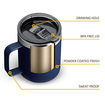 12 oz Insulated Travel Coffee Mug with Handle, Navy | Stainless Steel Coffee Tumbler with Lid, Double Wall Vacuum Thermal Cup for Camping - color: Sliding Lid: Navy, size: 1 Count (Pack of 1)