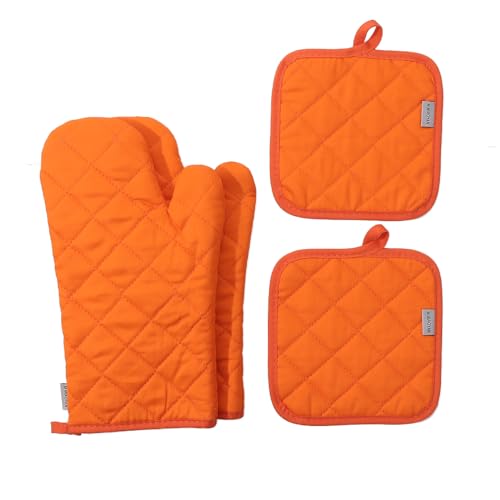 Oven Mitts and Pot Holders 4 pcs Set,High Heat Resistant 500 Degree Extra Thicken Long Kitchen Cotton Oven Glove for Cooking (12 Inch,Orange)… - color: Cotton-orange