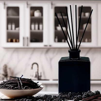 Reed Diffuser Set, BlackBerry Vanilla - Bathroom Shelf Décor | Ripe Blackberries, Warm Vanilla & Patchouli, 5 ounce Sleek Black Rectangular Refillable Glass Bottle, Made in the USA - color: Blackberry Vanilla