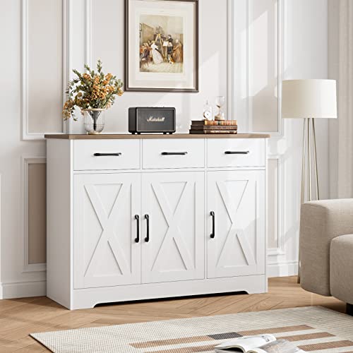 HOSTACK Kitchen Buffet Cabinet with Storage, Sideboard Coffee Bar, White | Farmhouse Kitchen Storage Cabinet with 3 Drawers & Adjustable Shelf, 42.5"W Buffet Table for Dining Living Room - color: White