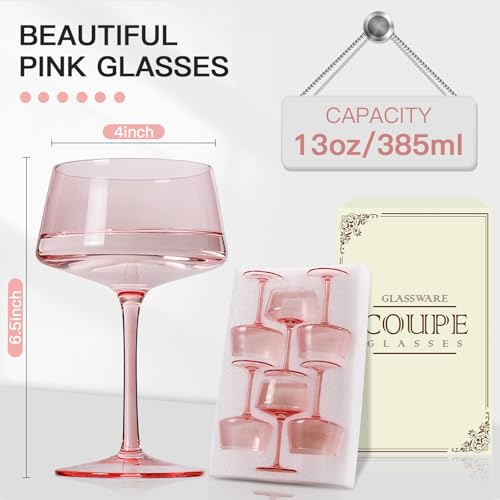 JOVGANK Pink Martini Glasses Set of 6 – 13oz Lead-Free Crystal Glass, Hand-Blown Classic Champagne & Cocktail Luxury Cups, Elegant Glassware for Party Home Bar Wedding Gift for Ice Cream Dessert - color: Classic-Pink