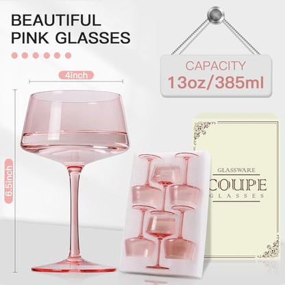 JOVGANK Pink Martini Glasses Set of 6 – 13oz Lead-Free Crystal Glass, Hand-Blown Classic Champagne & Cocktail Luxury Cups, Elegant Glassware for Party Home Bar Wedding Gift for Ice Cream Dessert - color: Classic-Pink