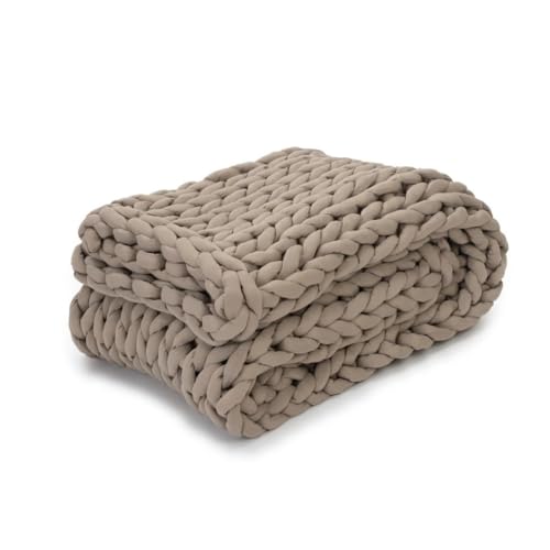 Chunky Knit Weighted Blanket - Breathable, Cooling, Hand Made Knit Throw Blanket for Sleep for Relaxation - Machine Washable, Stylish Design (Taupe, Throw | 12lbs | 44"x60") | Soft jersey-knit Taupe shell, 100% recycled hypoallergenic fill. Cooling weight