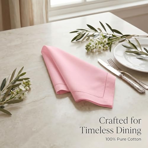 Urban Villa Hemstitch Cloth Dinner Napkins Cotton 20”x20” (Set of 12)-Pink - color: 008 Pink - Hemstitch, size: 20" x 20" (Set of 12)