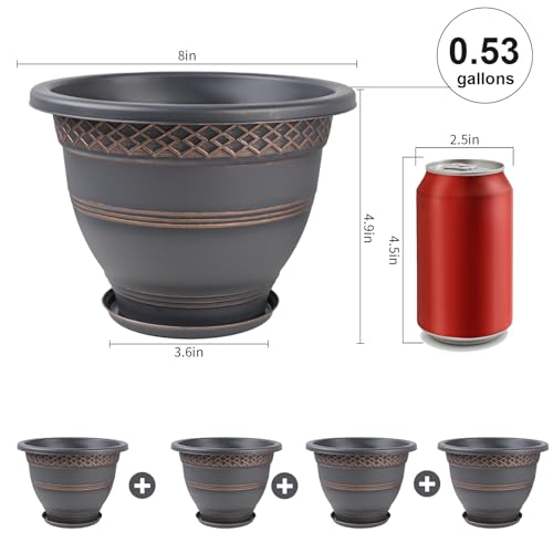 8 Inch Plaid Plant Pots 6 Pack with Drainage and Saucers Copper | Copper plaid PP pots with drainage holes and saucers for herbs succulents starter plants shelves windowsills - color: Copper, size: 8 Inches-6 packs