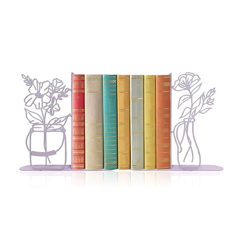 Flower Vase Bookends, Metal Decorative Book Ends for Shelves Cute Book Ends | Fun Bookend Office Home Decor, Ideal Gift for Book Lovers (Purple) - color: Purple