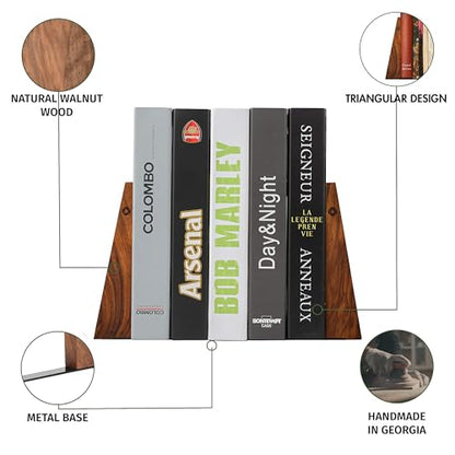 TILISMA Walnut Bookends for Shelves | Wooden Book Ends for Shelves | Sturdy Book Holders, Stoppers with Metal Base for Bookshelves | Slick Decorative Bookends Stands Firmly on Bookshelf (Pair)