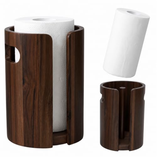 Wooden Paper Towel Holder Countertop, Weighted Base Acacia Wooden Kitchen roll rack with splash guard, and non-slip design, One-Hand Tear Design, Farmhouse Paper Towel Stand for Kitchen, Apartment, RV