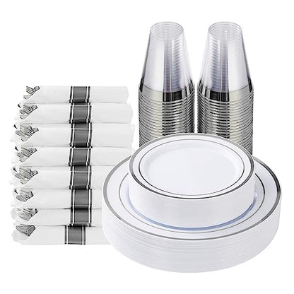 175 Piece Silver Plastic Dinnerware Set for 25 Guests | Disposable Dinnerware Includes: 25 Dinner Plates, 25 Dessert Plates, 25 Pre Rolled Napkins with Silver Silverware, 25 Cups - color: Silver, style: 175 Piece (25 guests)