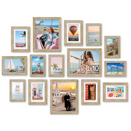decorUhome 15 Pack Assorted Picture Frame Set for Wall & Tabletop, PF15LWD | Light Wood, Includes Three 8x10 / Six 5x7 / Six 4x6 Multi Size, MDF Frame with Plexiglass Cover - color: Light Wood