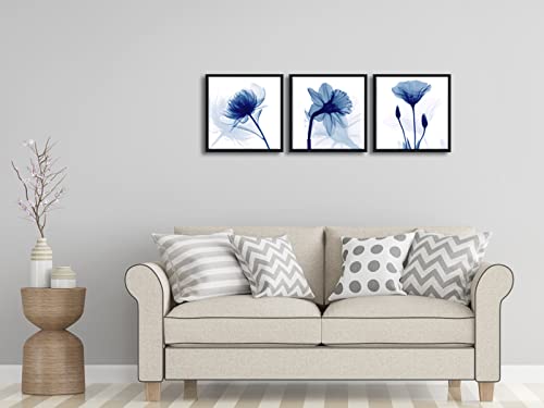 Wieco Art Framed Blue Abstract Flowers 3 Panels Canvas Prints Wall Art Modern Pictures Artwork for Living Room Bedroom Home and Office Decorations with Black Frame - size: 12x12inchx3pcs (Framed)