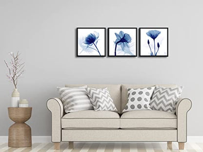 Wieco Art Framed Blue Abstract Flowers 3 Panels Canvas Prints Wall Art Modern Pictures Artwork for Living Room Bedroom Home and Office Decorations with Black Frame - size: 12x12inchx3pcs (Framed)