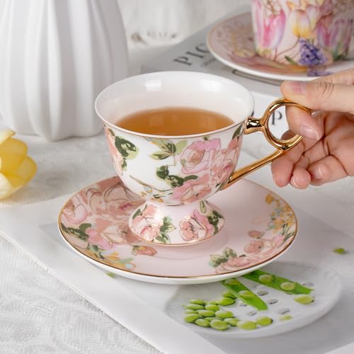 KAMMAK Tea Cups and Saucers Set of 2, Fine Bone China Coffee Cups, NX025 | Stackable Espresso Mugs, Ceramic Demitasse for Coffee, Cappuccino, Latte, Americano, Tea - size: 8CZNX025