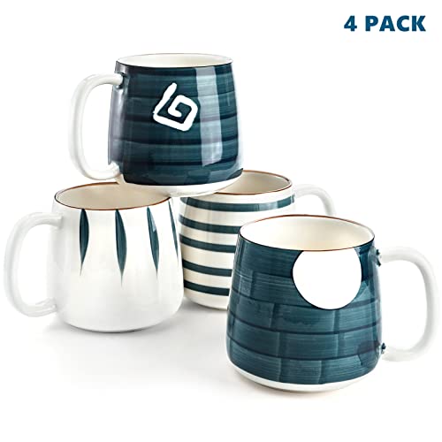 DEAYOU Set of 4 Porcelain Coffee Mugs, 17 Oz Ceramic Coffee Cups with Handles, Large Hand-Painted Tea Cups for Cappucino, Milk, Latte, Cocoa, Hot or Cold Drinks, Microwave & Dishwasher Safe