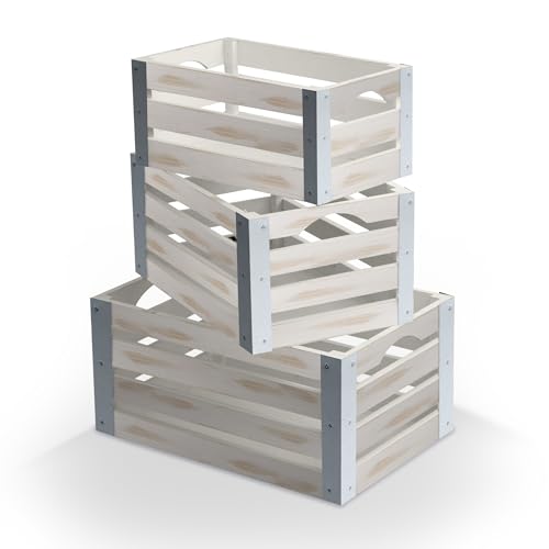 wald imports - Set of 3 White Washed Wooden Crates for Storage - Decorative Wooden Crate Set for Home Decoration & Display - Vintage Storage for Household Goods - color: White