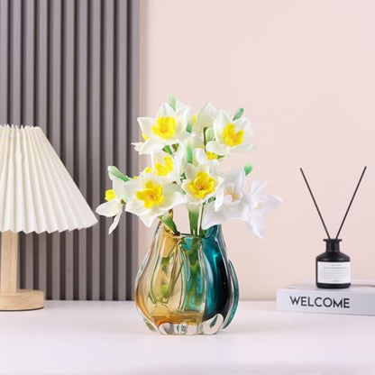 Hand Blown Glass Vase, Medium Wide Mouth Flower Vase Unique Modern Turquoise Glass Art Decor, Nonbreakable Vases for Table Centerpieces Living Room Decorative Amber and Teal Vase - size: Small