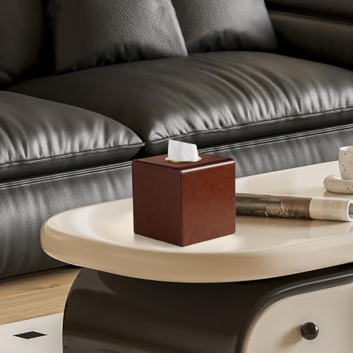 Square Tissue Box Cover with Magnetic Closure, Brown | Luxury PU Leather Tissue Holder with Gold Tone Metal Opening, Fits All Standard Cube Tissue Boxes - color: Brown