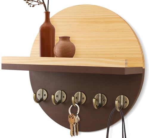 Gurfuy Key Holder for Wall with Shelf - Wood Mail Organizer and Rack with Shelf Hooks Wall Mounted for Entryway Decor Magazines Letter Storage Farmhouse Living Room Bedroom Doorway Brown - color: Brown