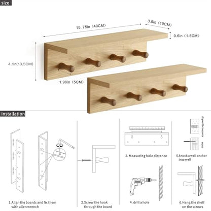 Entryway Coat Rack Hooks with Shelf, Sturdy Wooden Floating WallOrganizer Shelf with 4 Hooks siutable for Entrance, Mudroom, Kitchen, Bathroom,.etc(2pc-Oak Finish) - color: Oak 2PC