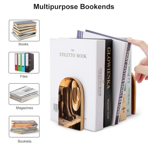 Western Boots Bookend 1 Pair Heavy Duty Book Ends for Shelve | 3.9 X 2 X 5 Inch, Metal Decorative Book Stopper Organizer, Non-skid Wooden Bookend Support for Home, Office, Desk