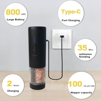 Electric Salt and Pepper Grinder Set, 2-in-1 Electric Salt and Pepper Grinder Set, USB-Rechargeable, Refillable Automatic Salt and Pepper Mill Shaker with LED Light, Kitchen Gift, Black