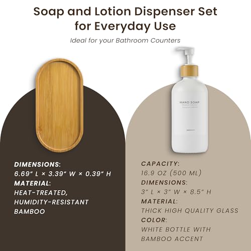 MaisoNovo Glass Soap Dispenser Bathroom Set of 2-16.9 oz Bathroom Soap Dispenser Set - White Glass Bottles x 2 with White Bamboo Pumps & Tray - color: White Bottles/ White Bamboo Pumps
