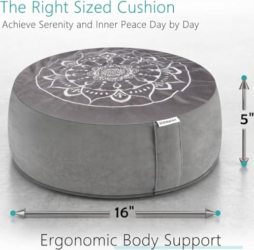 Hihealer Meditation Cushion, Traditional Tibetan Meditation Pillow Velvet Cover - Large Floor Cushion Seating for Adults - Yoga Buckwheat Bolster for Women、Moms - color: Calmly Grey & White