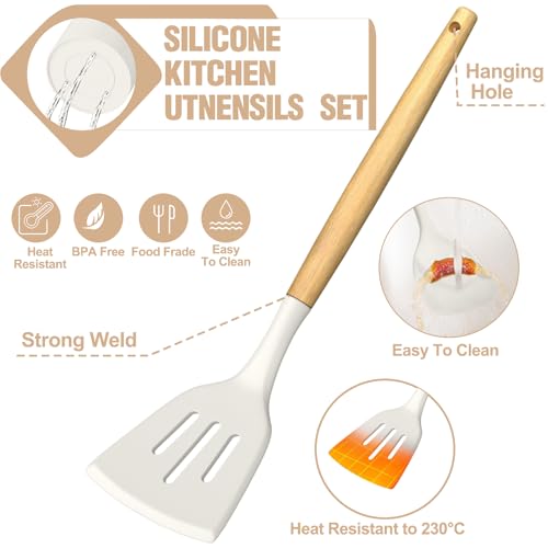 Umite Chef Silicone Kitchen Utensil Set, 34PCS Heat Resistant Kitchen Gadgets and Tools With Grater, Cream White Wood Handles for Nonstick Cookware - color: Cream White