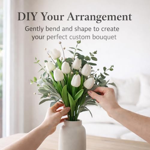 18 Stems White Artificial Tulip Bouquet with Eucalyptus | Real touch petals, pearl berries, bendable stems, elegant centerpiece, dining table decor, no vase - color: White