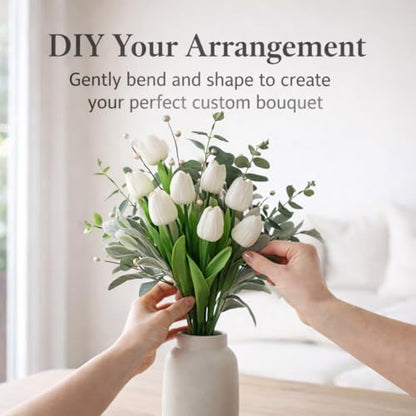 18 Stems White Artificial Tulip Bouquet with Eucalyptus | Real touch petals, pearl berries, bendable stems, elegant centerpiece, dining table decor, no vase - color: White