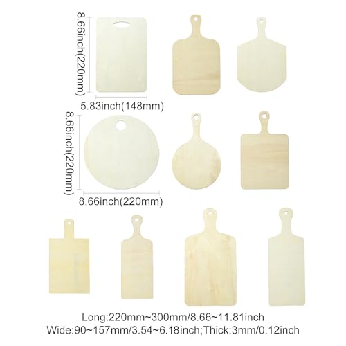 10 pcs 10 Styles Wooden Mini Cutting Board with Handle Unfinished Rectangle Round Wooden Craft Paddle Boards for DIY Home Kitchen Fruit Decor