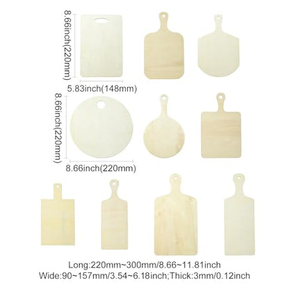 10 pcs 10 Styles Wooden Mini Cutting Board with Handle Unfinished Rectangle Round Wooden Craft Paddle Boards for DIY Home Kitchen Fruit Decor