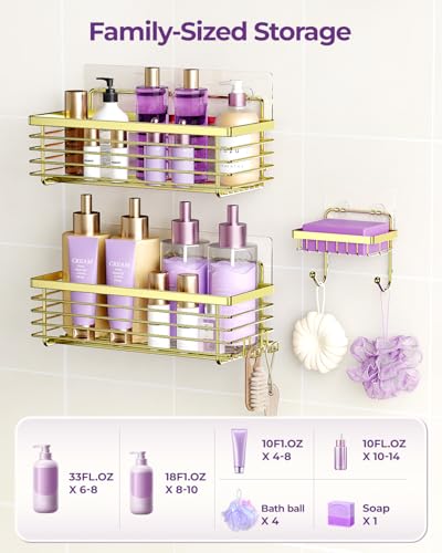 ODesign Shower Caddy Adhesive 3 Pack Stainless Steel Storage Shelves-Golden | No drilling wall mounted,rust-resistant,large capacity,quick drainage,easy to clean,suitable for bathrooms and kitchens - color: Golden