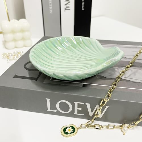Ceramic Shell Ring Holder Dish, Small Shell Trinket Dish, Beachy Jewelry Plate for Earrings Necklace Valentine's Mother's Day Christmas Birthday Gifts for Women, 3.9", Ice Green Iridescent Surface - color: Ice Green