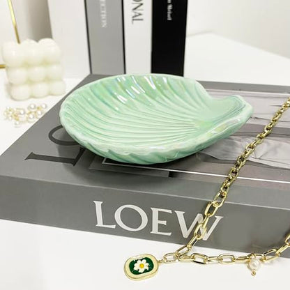 Ceramic Shell Ring Holder Dish, Small Shell Trinket Dish, Beachy Jewelry Plate for Earrings Necklace Valentine's Mother's Day Christmas Birthday Gifts for Women, 3.9", Ice Green Iridescent Surface - color: Ice Green