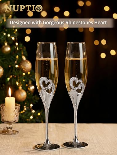 NUPTIO Crystal Champagne Flutes, Wedding Gifts for Couple, Silver, Set of 2 | Rhinestone Rimmed Heart Toasting Glasses with Wooden Gift Box for Engagement, Anniversary, Party, Bridal Showers, 6.76oz - color: Silver