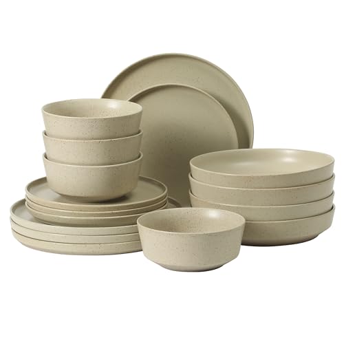 Gibson Elite Overbrook 16-Piece Pottery Clay Stoneware Dinnerware Set – White Reactive Glaze, Stackable Plates and Bowls w/Pasta Bowl, Service for 4 – Microwave & Dishwasher Safe - color: White (Overbrook), size: Service for 4 (16pcs)