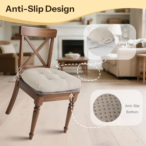 Anti Slip Kitchen Chair Cushions Set of 4 18"X16.5"X3" Beige | Elegant Breathable Textured Fabric, with Ties, Tufted, Thick Polyester Filling, for Dining Chairs, Folding Chairs, Office - color: Beige