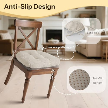 Anti Slip Kitchen Chair Cushions Set of 4 18"X16.5"X3" Beige | Elegant Breathable Textured Fabric, with Ties, Tufted, Thick Polyester Filling, for Dining Chairs, Folding Chairs, Office - color: Beige