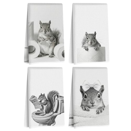 Jztco 4 Pcs Funny Squirrel Hand Towels, Squirrel Gifts Reusable Dish Towels | Cute Animal Waffle Weave Hand Towel for Bathroom Restroom Decor, Squirrels Lovers Gifts for Women Mom 24x14 Inch - color: Multi 1485