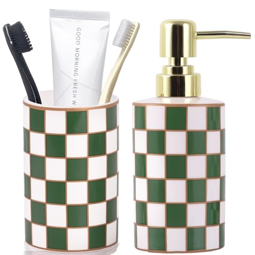 Bathroom Toothbrush Holder Set, Ceramic Checkered Soap Dispenser and Tooth Brush Holder Set, Modern Bathroom Accessories Sets Countertop, Black and White Checkered Bathroom Decor Set (Green) - color: Green